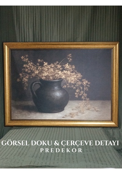 Antika Gold Çerçeveli Toprak Testide Kuru Çiçek Tablosu - Vintage Salon Duvar Dekoru 80x60 Cm
