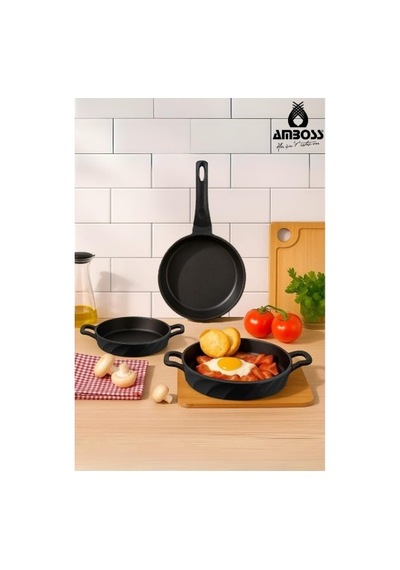 Amboss Vento 3 Parça Döküm 26 Cm Tava 18-20 Cm Sahan Seti AMBOSS.086 Siyah