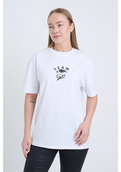 Kadın Oversize Baskılı T-shirt Beyaz Team Beyaz