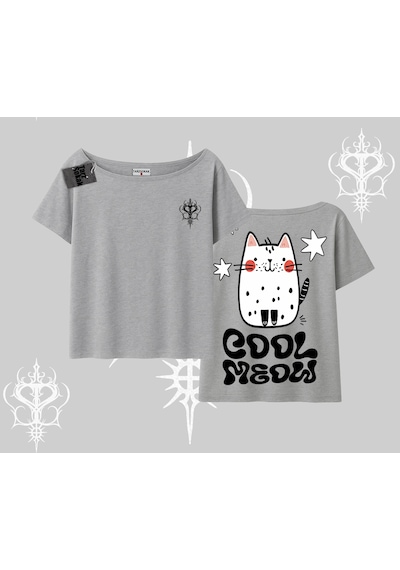 Tarzsokak Cool Meow Yazılı Sevimli Kedi Arka Baskılı Kayık Yaka Tshirt Gri