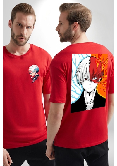 My Hero Academia Boku Anime Kırmızı Oversize Unisex Ön Ve Sırt Baskılı Tişört Kırmızı