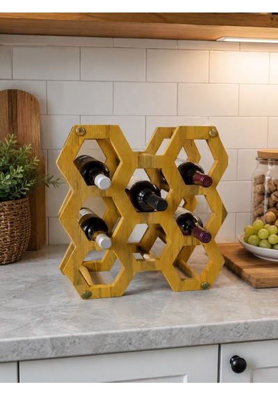 Phellos Hexagon Ahşap Şişe Standı - Dekoratif Şişe Rafı