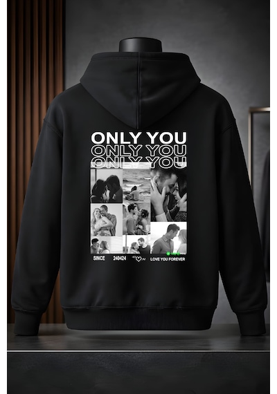 Young Fit Kişiye Özel Ön Ya Da Sırt Baskılı Kapüşomlu Hoodie Unisex Oversize Premium 3 İplik Sweatshirt Black