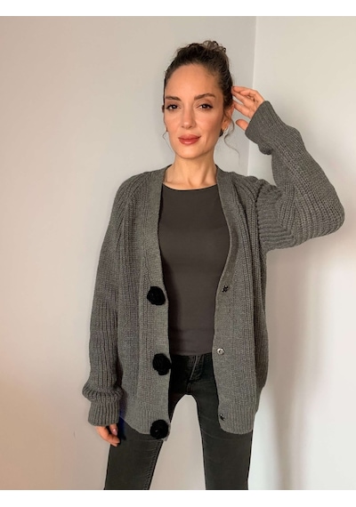 Ali Butik Antrasit Gül Motif Detaylı Triko Hırka Antrasit