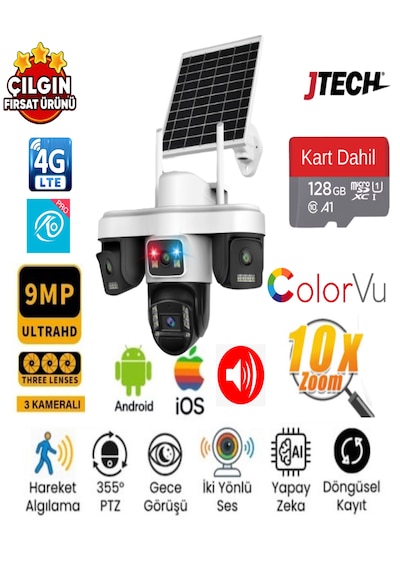 O-kam Ok-301 Premium 3+3+3 Aov 9mp 4g Sim Kartlı Solar Panelli 3 Lens 1 Alert Ptz Akıllı Kamera + 128gb Sd Kart