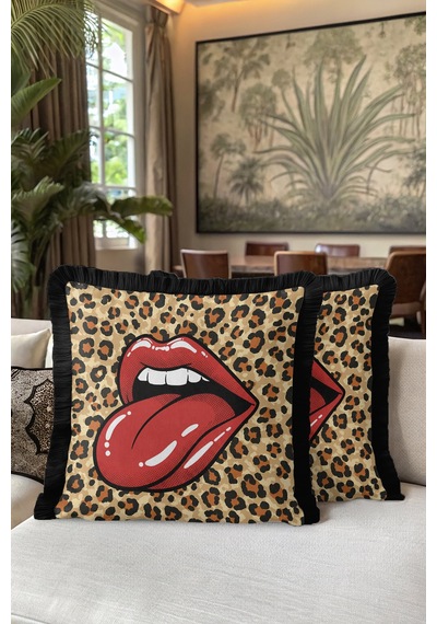 Pop Art Dudak Leopar Desenli Saçaklı Yastık Kılıfı-fenomen Kırmızı Eklektik Püsküllü Kırlent Kılıfı Soft Göl Taş