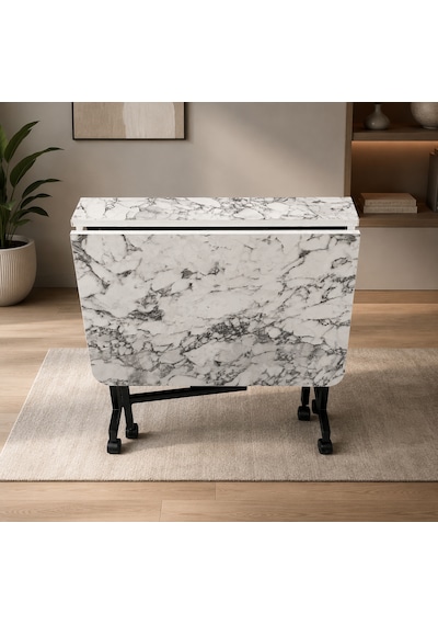 Teknor Kelebek Katlanır Ahşap Masa Mermer Desenli 60x120 Beyaz