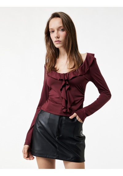 Koton Fırfır Detaylı Uzun Kollu Slim Fit V Yaka Tişört Bordo 6wal10543ık