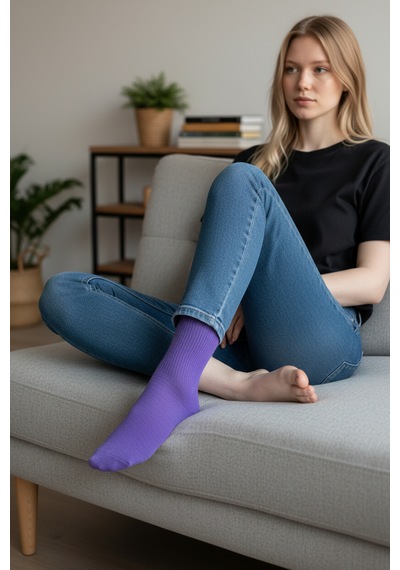 Socks Stores 6 Çift Unisex Renkli Pamuklu Soket Çorap - Renkli Tenis Boy Çorap Mor