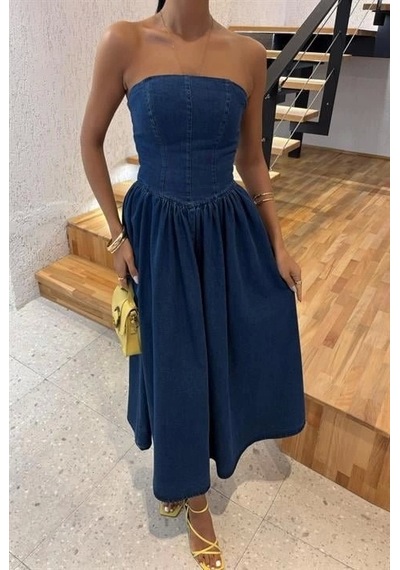 Defymoda Beli Pileli Straplez Denim Elbise 2886 Denim