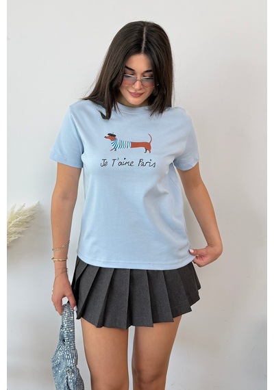 Giysa Kadın Bisiklet Yaka Köpek Baskılı T-shirt Mavi - 26y 2222
