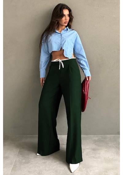 Madmext Haki Çift Bel Bantlı Wide Leg Kadın Pantolon Mg2551 Haki