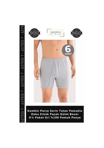 Astrid T Kombin Parça Serin Tutan Pamuklu Doku Erkek Paçalı Külot Boxer 6'lı Paket Gri %100 Pamuk Penye