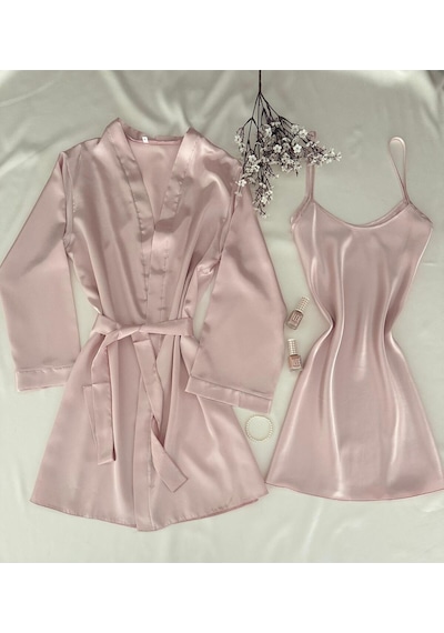 Mh Moony Homewears 2'li Pudra Saten Gecelik Sabahlık Seti Pudra