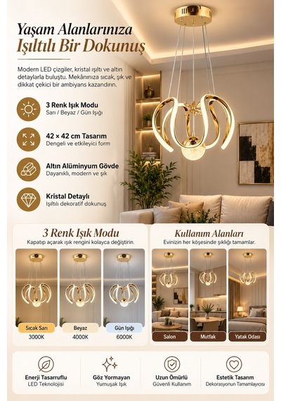 Ey-El Tasarım Modern Sakıt Led Avize 3 Renk Led A+++ Gold