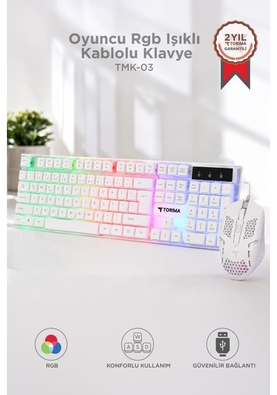 Aydınlatmalı Oyun Odası Oyuncu Rgb Işıklı Kablolu Q Klavye Ve Mouse Seti Tmk03 Beyaz