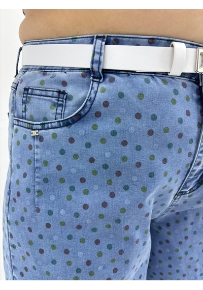 Büyük Beden Denim Kemerli Yüksek Bel Puantiyeli Cepli Balon Kesim Kadın Pantolon Mavi