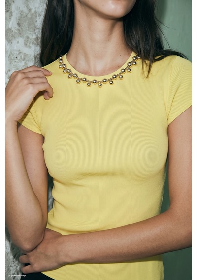 Sateen Kolyeli Kısa Kol Triko - Sarı-137950