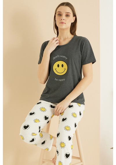 Siyah İnci Pamuklu Bisiklet Yaka Örme Pijama Takım25103210 Antrasit