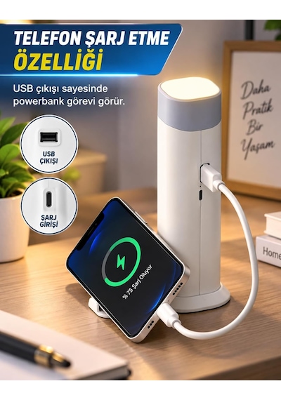 Şarjlı Dokunmatik 20 Led Çalışma Okuma Işığı Masa Lambası Ayarlanabilir Parlaklık Powerbank 1200mah Diğer
