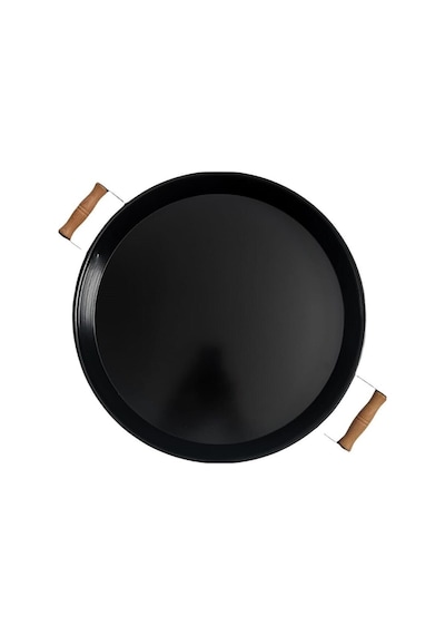 Morponi 37cm Ahşap Kulplu Siyah Metal Tepsi Yuvarlak Tepsi Çay Sunum Tepsisi Siyah