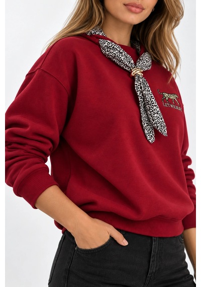 Mevese Bisiklet Yaka Nakışlı Kadın Sweatshirt - Üç İplik Şardonlu Oversize Şık Tasarım - Bordo Mevese Bisiklet Yaka Nakışlı Kadın Sweatshirt - Üç İplik Şardonlu Oversize Şık Tasarım - Bordo