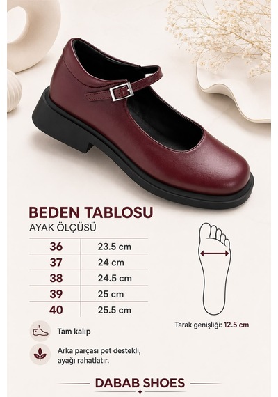 Dabab Shoes Berlın Kadın Bordo Cilt Mary Jane Yuvarlak Burun 2 Cm Kalın Taban Tokalı Babet Loafer Ayakkabı