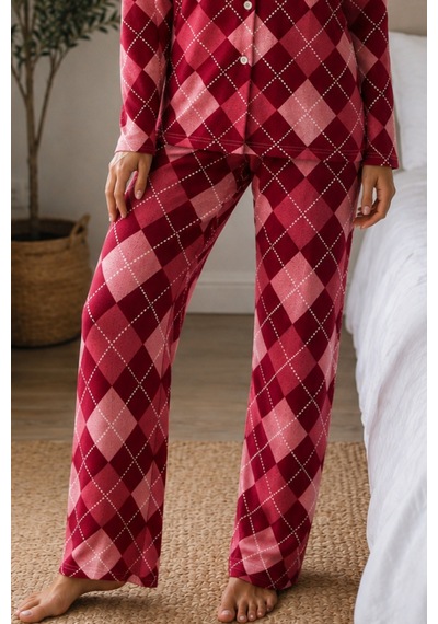 Kadın Örme Gömlek Yaka Kırmızı Pijama Takımı