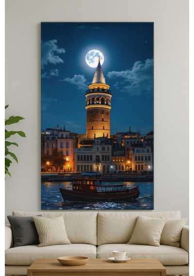 Galata Kulesi Ve Dolunay İstanbul Un Büyüsü Cam Tablo Gece Işıltısı Temalı