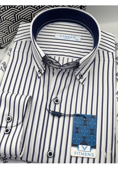 Slim Fit Uzun Kol Premium Kalın Çizgili Yaka Düğmeli Hediye Kutulu Kolay Ütülenebilir Erkek Gömlek Fs-001375 - Beyaz Lacivert-1493