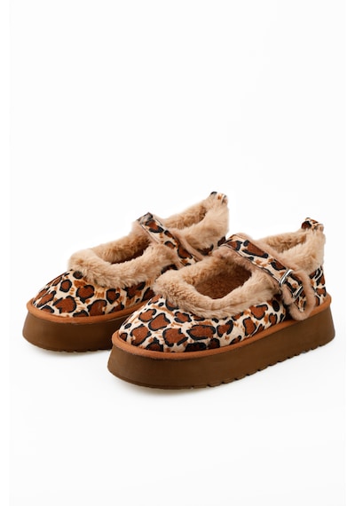 Leopar Kadın Kalın Taban İçi Kürklü Peluş Babet Ayakkabı Leopar