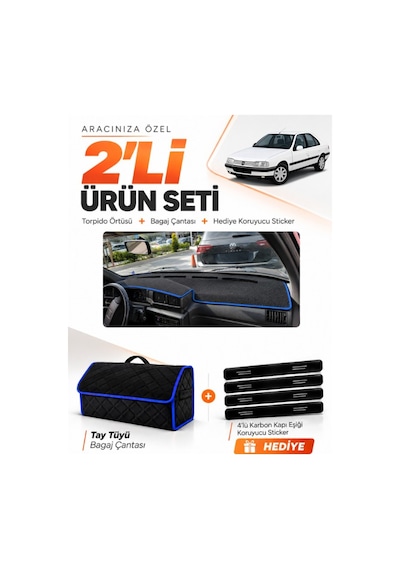 Peugeot 405 1987-1992 Uyumlu Torpido Örtüsü + Tay Tüyü Bagaj Çantası + Sticker Seti - Siyah Mavi