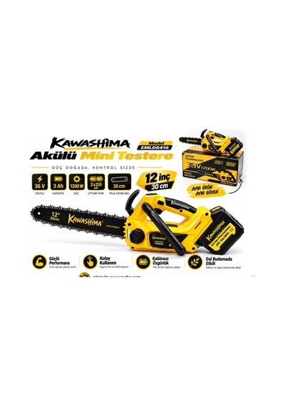 Algaride Kawashima Akülü Mini Testere 36v 3ah 1200w 30 Cm Kılavuz Çift Akülü Pratik Budama Ve Kesim Motoru