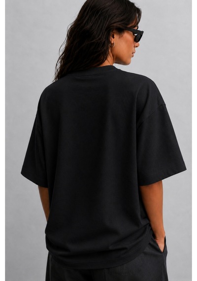 Modivibe Kadın Oversize T-shirt Kalın Dokulu %100 Pamuk Geniş Kesim Siyah