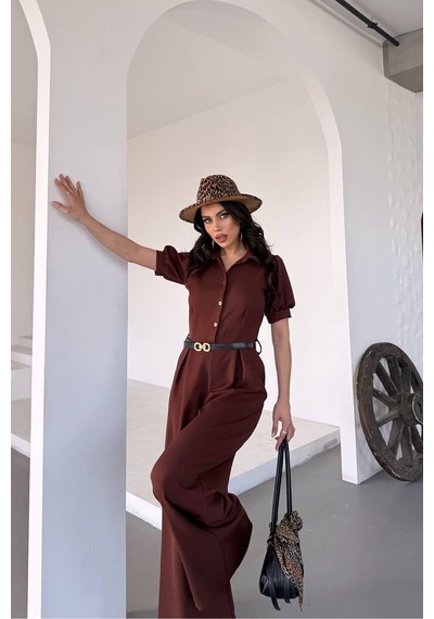 Neşeli Butik Kadın Gömlek Yaka Kemerli Geniş Paça Tulum Nbk4197 Kahverengi