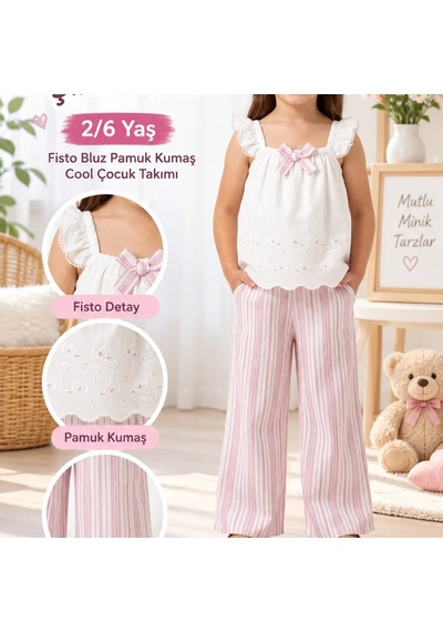 Candar Cool Pamuk Kumaş Çocuk Takımı Fisto Bluz 2-6 Yaş Pembe