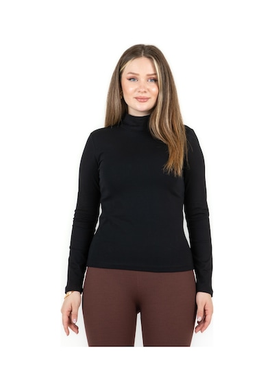 Sortie Collection Yarım Balıkçı Uzun Kol Likralı Basic Penye Bluz Siyah