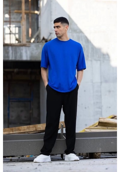 Unisex Düz Biskilet Yaka Oversize T-shirt - Mavi