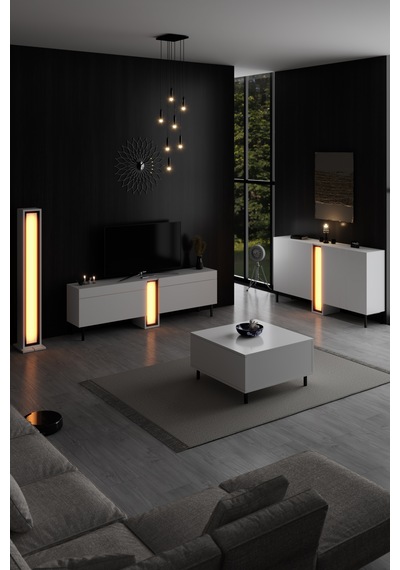 Nova Siyah Demir Ayaklı Rgb Led Işık Sistemli Beyaz Lambader Beyaz