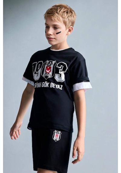 Defacto Beşiktaş Tişört Şort Pijama Takımı Erkek Çocuk H7342a826hsbk81 Siyah-bk81