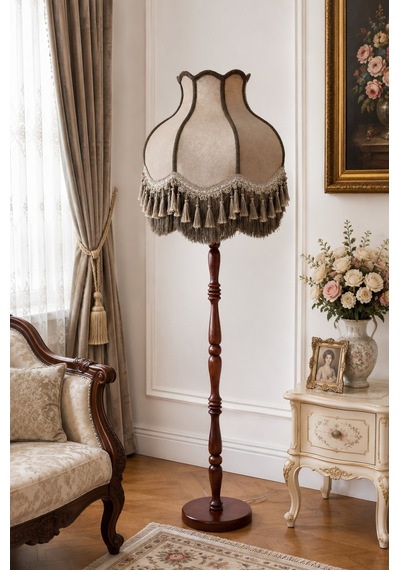 Vizon Kadife Başlık Koyu Vizon Süsleme Ahşap Ayaklı Lambader Vintage Prime Model 170x45cm