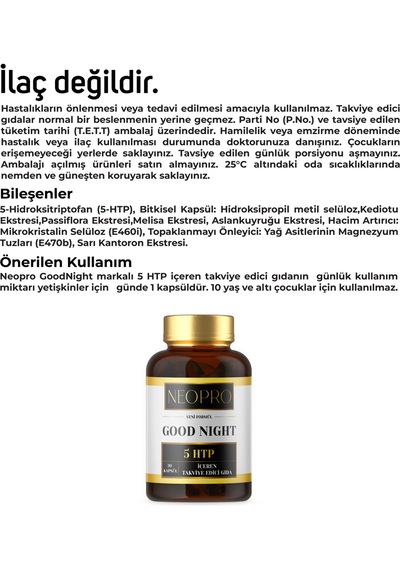 Neopro Goodnight 5 Bileşenli Rahatlatıcı Gece Formülü Takviye Edici Gıda 30 Kapsül