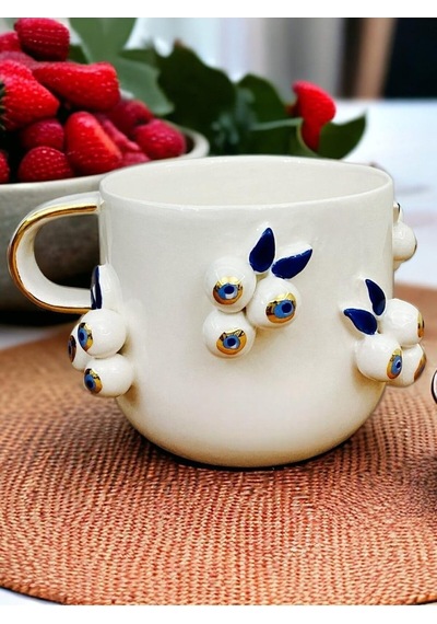 24 Ayar Altın Dekorlu Nazar Kabartmalı El Yapımı Mug Evil Eye Cup 300 Ml Beyaz - Çok Renkli