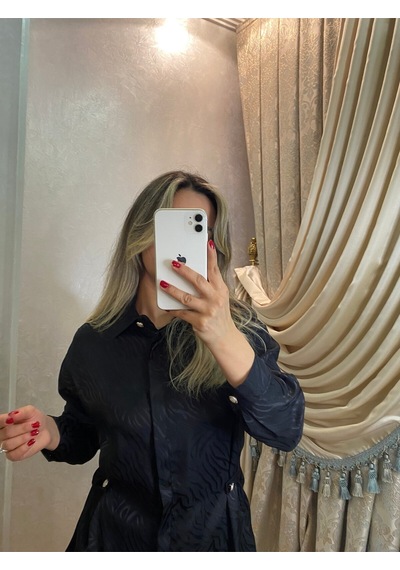 İlayla Siyah Desenli Saten Takım