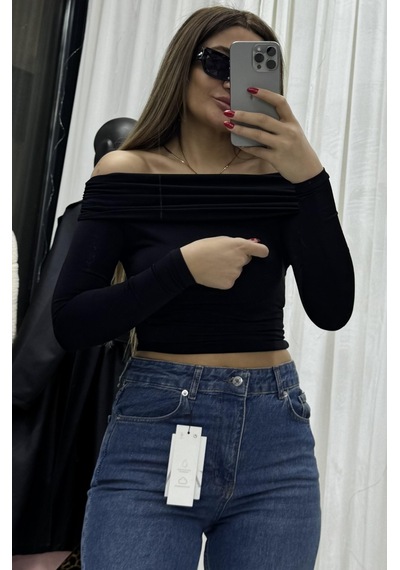 Daves Madonna Yaka Drapeli Uzun Kollu Sandy Body Bluz-siyah Siyah