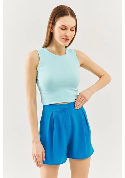 Butikgiz Kadın Sıfır Kol Bisiklet Yaka Vücuda Oturan %100 Pamuklu Kaşkorse Esnek Crop Bluz Aqua