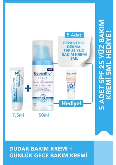 Bepanthol Gece Bakım Kremi 50ml + Dudak Kremi 7.5ml + Spf Mini Yüz Kremi Hediye