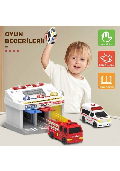 Sesli Ve Işıklı Acil Durum Komuta Merkezi Garaj Seti - Telsizli, 3 Araçlı Eğitici Oyuncak Çok Renkli