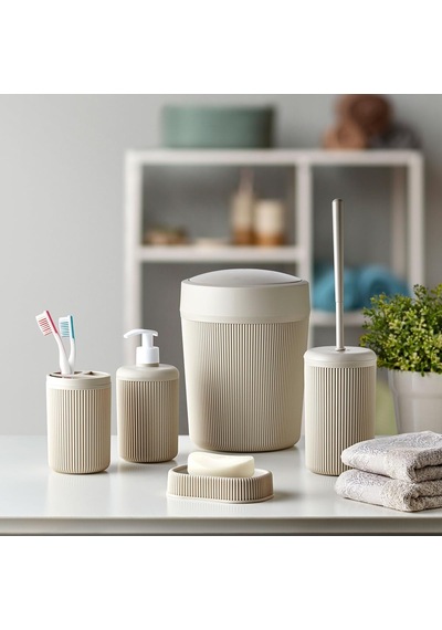 Banyo Seti, Çöp Kovası, Sıvı Sabunluk, Diş Fırçalık, Sabunluk Ve Tuvalet Fırçası, 5 Parça Krem Siyah