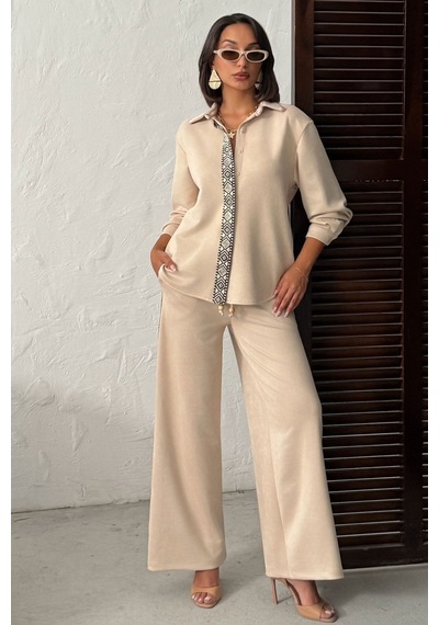 Verymoda Şerit Detaylı Scuba Süet Pantolon F1972 Taş